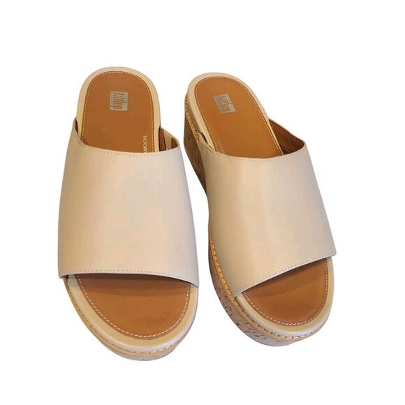 FitFlop Eloise Slides Sandals Women Stone Beige Leather Cork Wrap Wedge 9US EUC - Picture 3 of 16